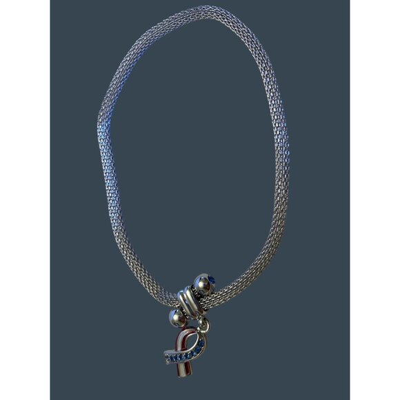 Silver Mesh Bracelet With Blue & Red Rhinestone Ribbon Pendant - Picture 8 of 10